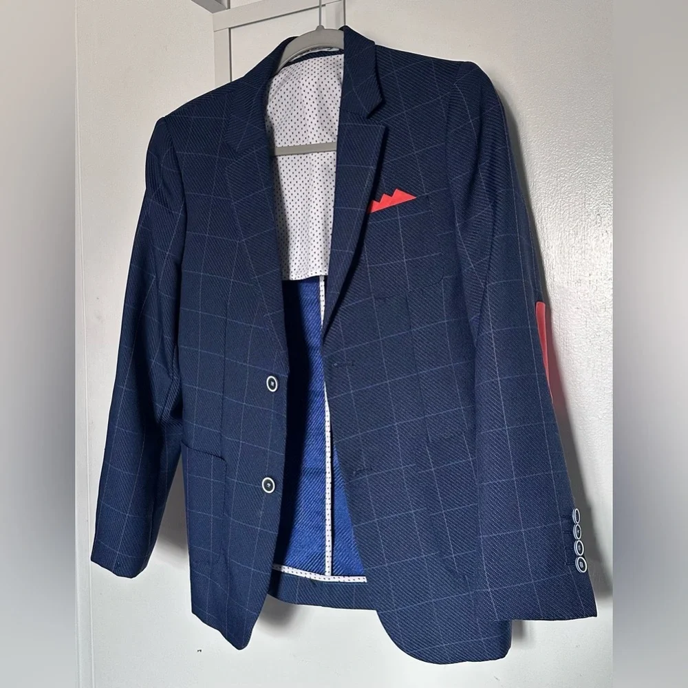 Boys English Laundry Navy & Orange Checkered Suit - Blazer & Pants